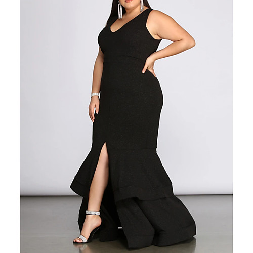 

Mermaid / Trumpet V Neck Floor Length Spandex Plus Size / Black Prom / Formal Evening Dress with Tier / Ruffles / Pleats 2020