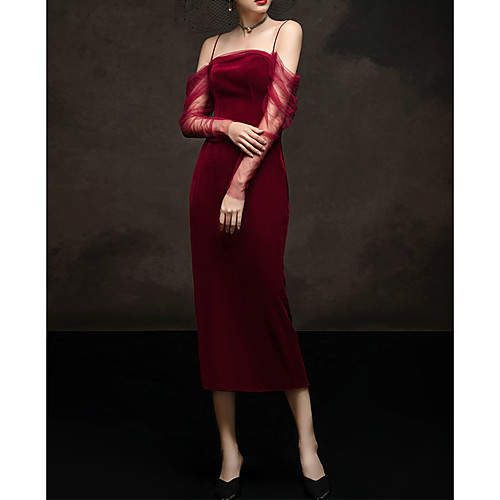 

Sheath / Column Spaghetti Strap Tea Length Tulle / Velvet Convertible / Red Engagement / Formal Evening Dress with Sash / Ribbon / Ruched 2020