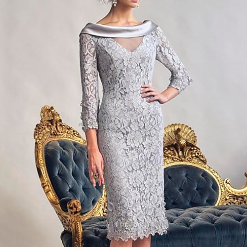 

Sheath / Column Bateau Neck Knee Length Polyester / Lace Long Sleeve Elegant Mother of the Bride Dress with Appliques Mother's Day 2020