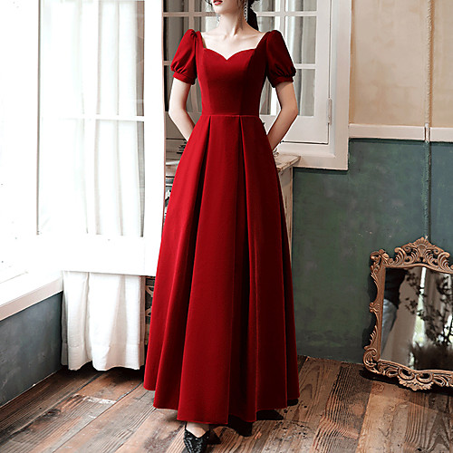 

A-Line Sweetheart Neckline Floor Length Velvet Retro / Red Prom / Formal Evening Dress with Pleats 2020