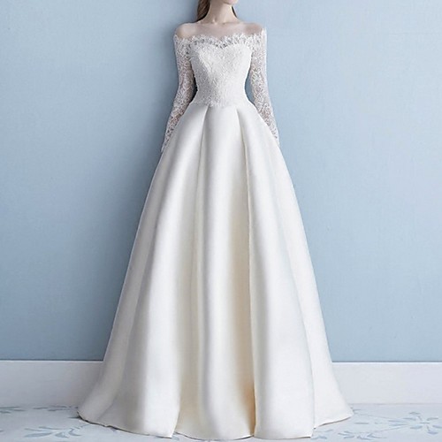 

A-Line Off Shoulder Sweep / Brush Train Lace Long Sleeve Beach Illusion Sleeve Wedding Dresses with Lace Insert / Embroidery 2020
