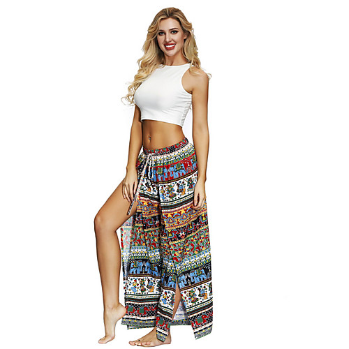 

Women's Boho Wide Leg Pants - Print Black Blue Red One-Size