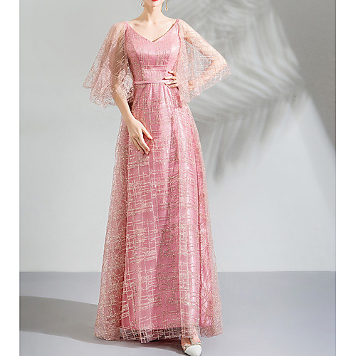 

A-Line V Neck Floor Length Tulle Bridesmaid Dress with Appliques