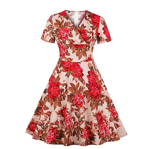 

Women's Red Dress A Line Floral V Neck S M