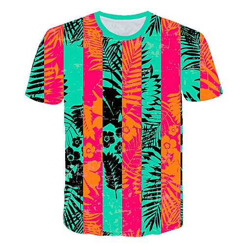 

Men's Daily Sports Street chic / Exaggerated T-shirt - Geometric / Color Block / 3D Tropical Leaf, Print Rainbow