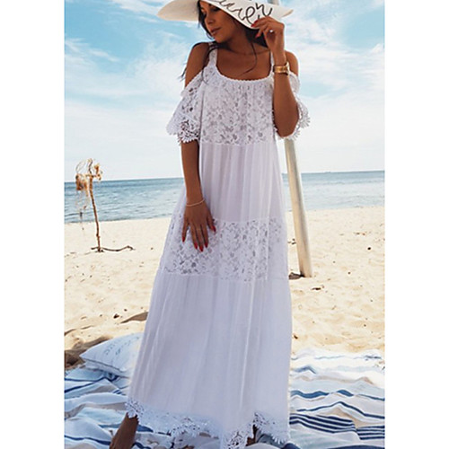 

Women's Maxi White Dress Swing Solid Color Strap One-Size