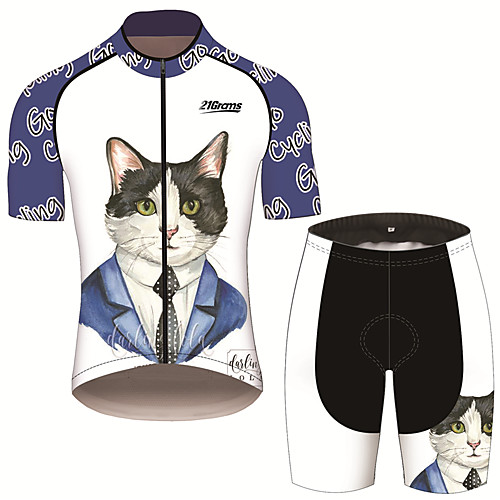 

21Grams Men's Short Sleeve Cycling Jersey with Shorts Blue / White Cat Animal Bike Clothing Suit UV Resistant Breathable 3D Pad Quick Dry Sweat-wicking Sports Cat Mountain Bike MTB Road Bike Cycling