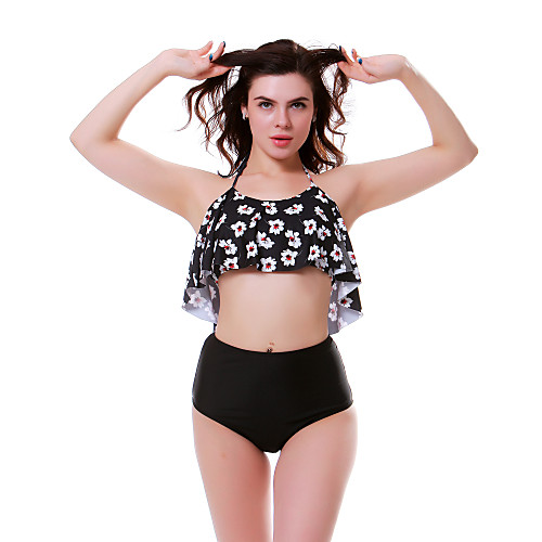 

Women's Basic Black Halter High Waist Bikini Swimwear Swimsuit - Floral Ruffle S M L Black