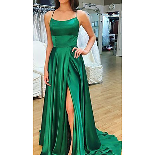 

A-Line Scoop Neck Court Train Satin Sexy / Green Prom / Formal Evening Dress with Split 2020