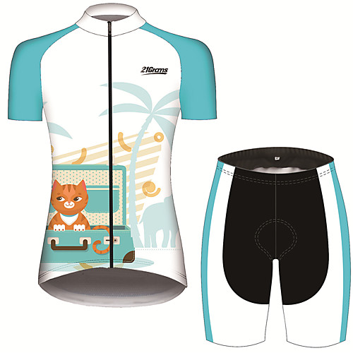 

21Grams Women's Short Sleeve Cycling Jersey with Shorts Blue / White Cat Animal Elephant Bike Clothing Suit Breathable 3D Pad Quick Dry Ultraviolet Resistant Sweat-wicking Sports Cat Mountain Bike