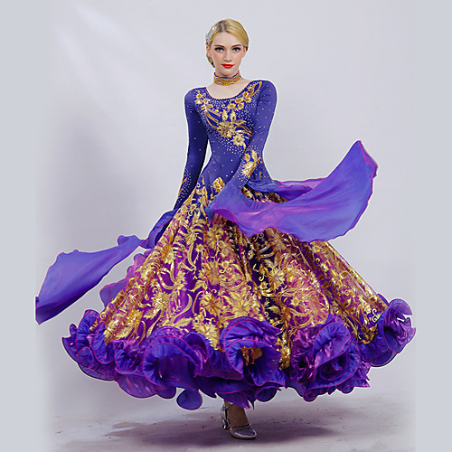 

Ballroom Dance Dresses Women's Performance Ice Silk Embroidery / Cascading Ruffles / Paillette Long Sleeve Dress