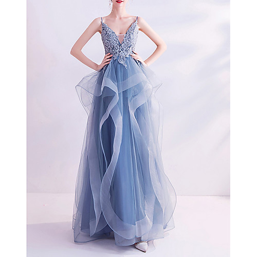 

A-Line V Neck Floor Length Tulle Bridesmaid Dress with Beading / Appliques