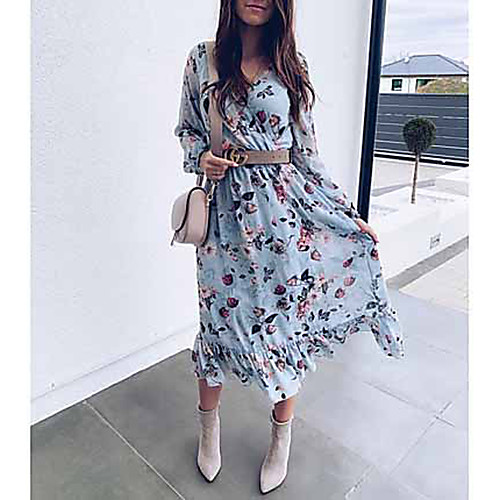 

Women's Light Blue Dress A Line Floral V Neck S M
