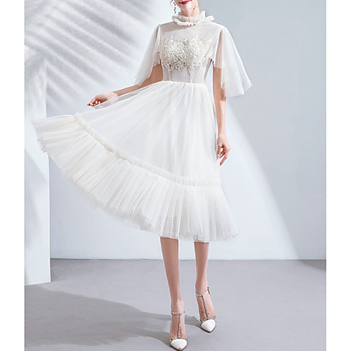 

A-Line High Neck Knee Length Tulle Bridesmaid Dress with Pleats