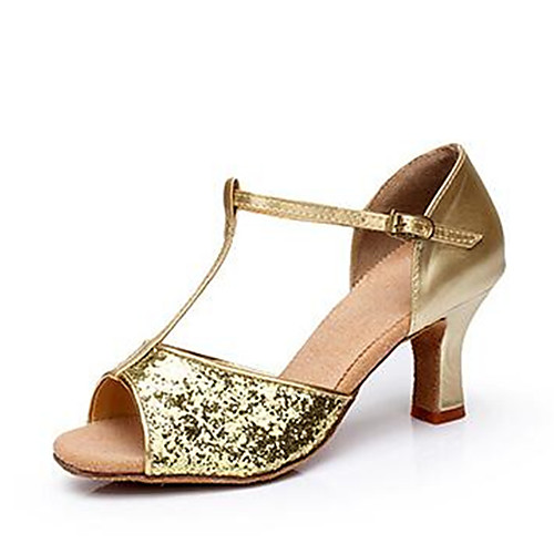

Women's Latin Shoes Synthetics T-Strap Heel Sequin Cuban Heel Customizable Dance Shoes Gold / Silver