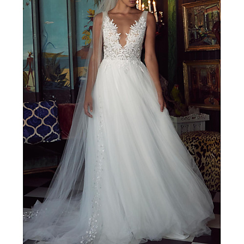 

A-Line V Neck Sweep / Brush Train Polyester / Tulle Sleeveless Country Plus Size Wedding Dresses with Draping / Appliques 2020