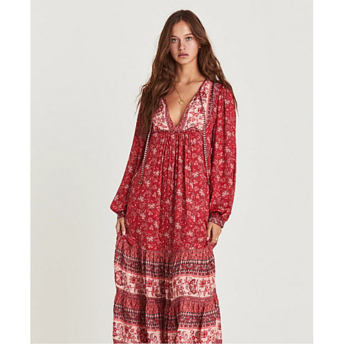 

Women's Maxi Red Beige Dress Swing Print V Neck S M