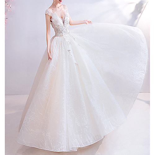 

Ball Gown V Neck Floor Length Chiffon / Tulle Short Sleeve Casual Illusion Detail / Plus Size Wedding Dresses with Draping / Lace Insert / Appliques 2020