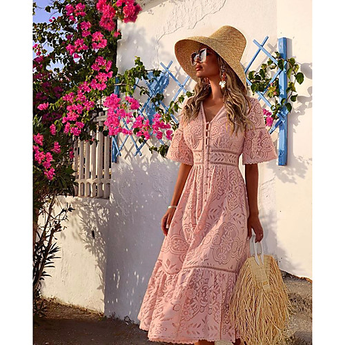 

Women's Blushing Pink White Dress A Line Sheath Print V Neck S M