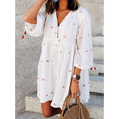 

Women's Yellow White Dress Shift Floral V Neck S M