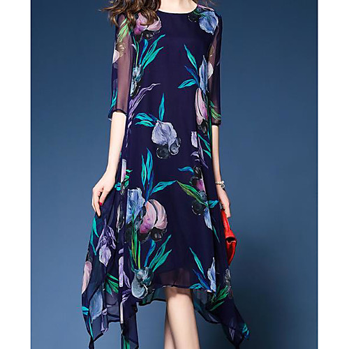 

Women's Asymmetrical Blue Dress Asymmetric Holiday Vacation Shift Floral Print Crew Neck M L