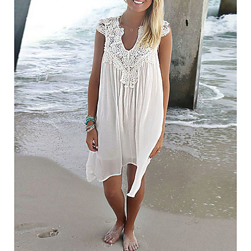 

Women's White Gray Dress Loose Solid Color V Neck S M Loose