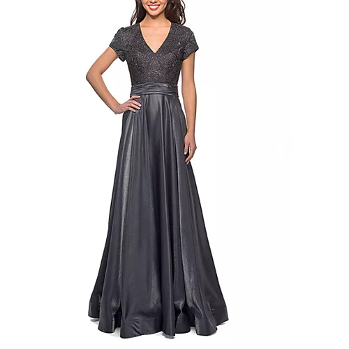

A-Line V Neck Floor Length Polyester / Satin Short Sleeve Elegant Mother of the Bride Dress with Ruching Mother's Day 2020