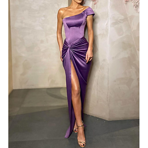 

Sheath / Column One Shoulder Floor Length Polyester Sexy / Purple Party Wear / Prom Dress with Draping / Split 2020