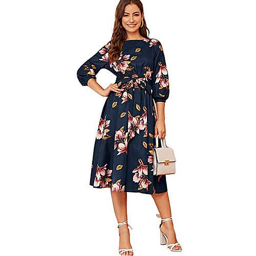 

Women's Green Navy Blue Dress A Line Floral S M
