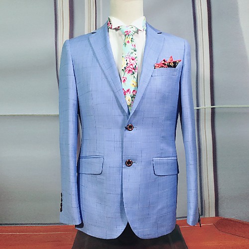 

Men's Blazer, Plaid Notch Lapel Polyester Blue