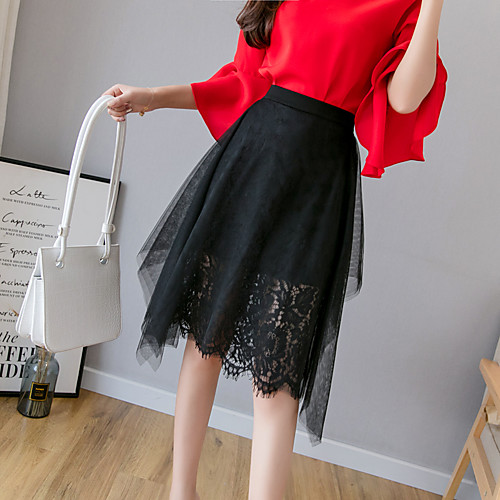 

Women's Basic Swing Skirts - Solid Colored Lace Trims Black S M L