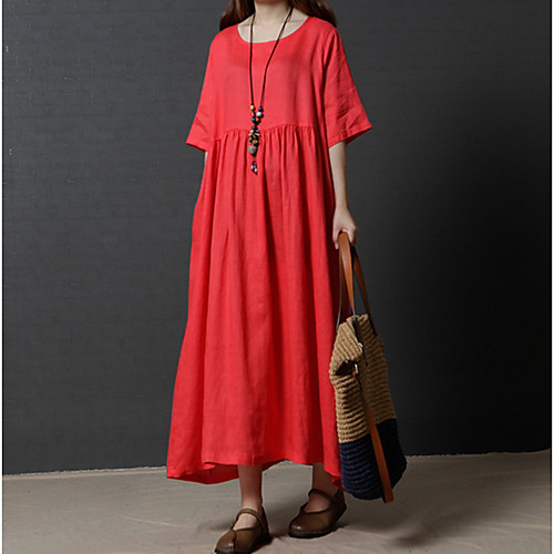 

Women's Maxi Red Green Dress Shift Solid Color M L Loose