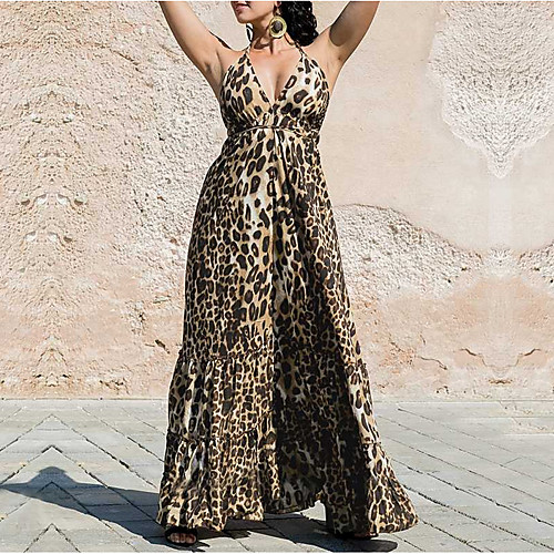 

Women's Maxi Yellow Gray Dress Swing Leopard Strap S M