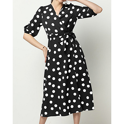 

Women's Blue White Dress A Line Polka Dot V Neck S M