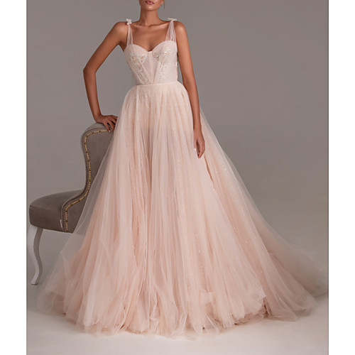 

A-Line Sweetheart Neckline Court Train Tulle Sexy / Pink Engagement / Formal Evening Dress with Pleats / Appliques 2020