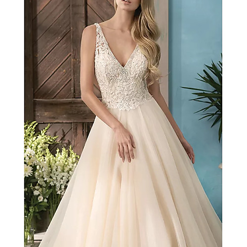 

A-Line V Neck Sweep / Brush Train Lace / Tulle Sleeveless Casual Plus Size Wedding Dresses with Beading 2020