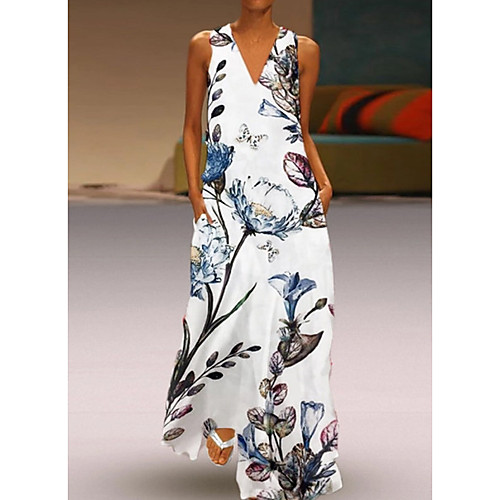 

Women's Maxi Yellow White Dress Shift Print V Neck S M