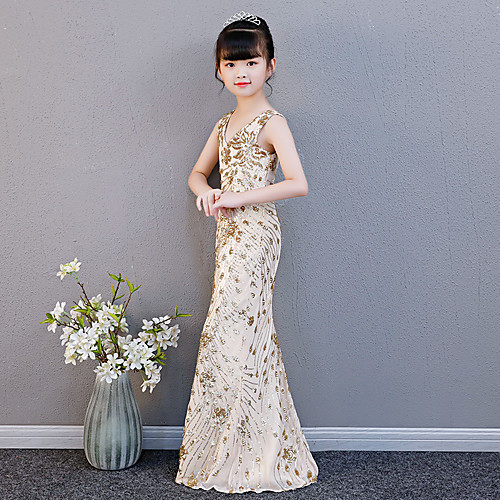 

Mermaid / Trumpet Floor Length Wedding / Party / Pageant Flower Girl Dresses - Spun Rayon Sleeveless V Neck with Paillette