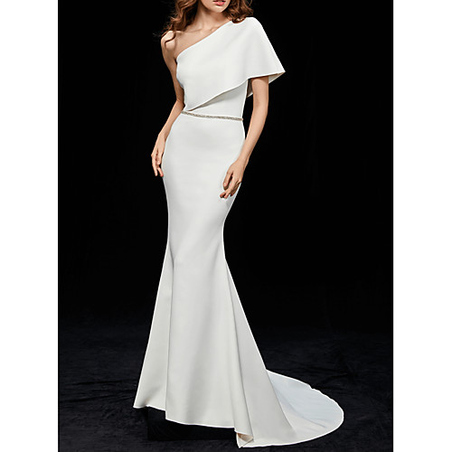 

Mermaid / Trumpet One Shoulder Sweep / Brush Train Polyester Elegant / White Engagement / Formal Evening Dress with Sleek 2020