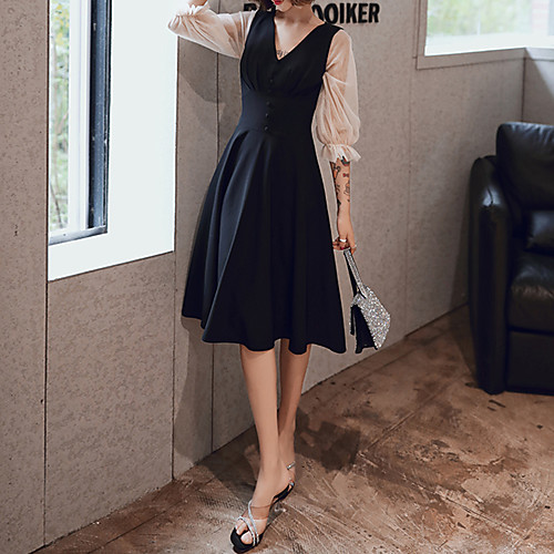 

A-Line V Neck Knee Length Spandex Minimalist / Black Cocktail Party / Party Wear Dress with Buttons 2020