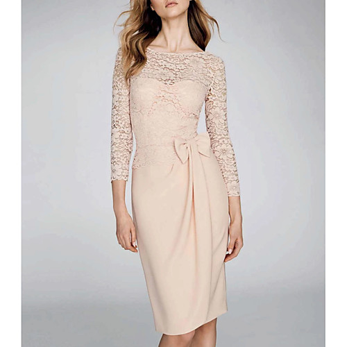 

Sheath / Column Illusion Neck Knee Length Chiffon Sexy / Pink Wedding Guest / Cocktail Party Dress with Bow(s) / Appliques 2020