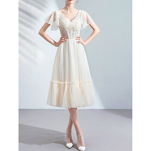 

A-Line V Neck Knee Length Tulle Bridesmaid Dress with Pleats