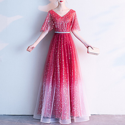 

A-Line V Neck Floor Length Tulle Color Block / Red Party Wear / Prom Dress with Crystals / Sequin 2020