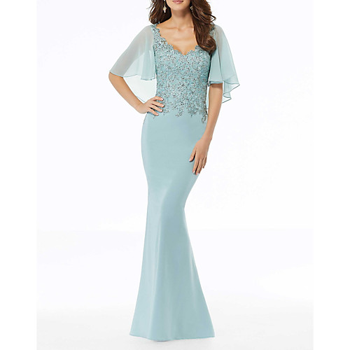 

Mermaid / Trumpet V Neck Floor Length Chiffon Elegant / Blue Wedding Guest / Formal Evening Dress with Appliques 2020