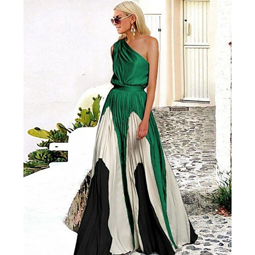 

Women's Maxi Yellow Green Dress Swing Color Block One Shoulder S M
