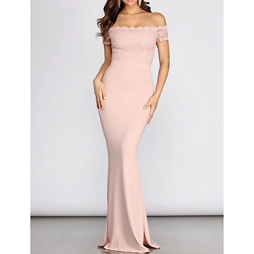 

Mermaid / Trumpet Off Shoulder Floor Length Spandex / Lace Elegant / Pink Engagement / Prom Dress with Appliques 2020