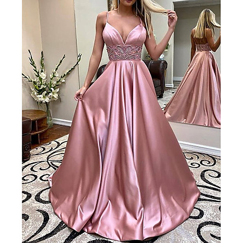 

A-Line V Neck Sweep / Brush Train Charmeuse Elegant / Pink Engagement / Formal Evening Dress with Beading / Pleats 2020