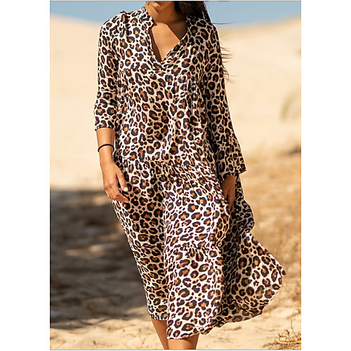 

Women's Brown Dress Shift Leopard V Neck One-Size Loose