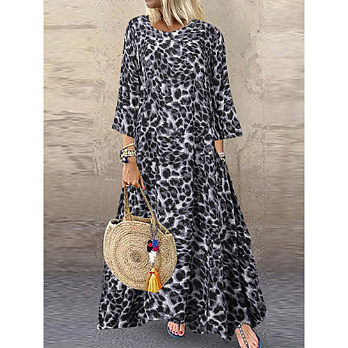 

Women's Asymmetrical Brown Gray Dress Maxi Dress Spring Vacation Beach Home A Line Loose Leopard Oversize S M