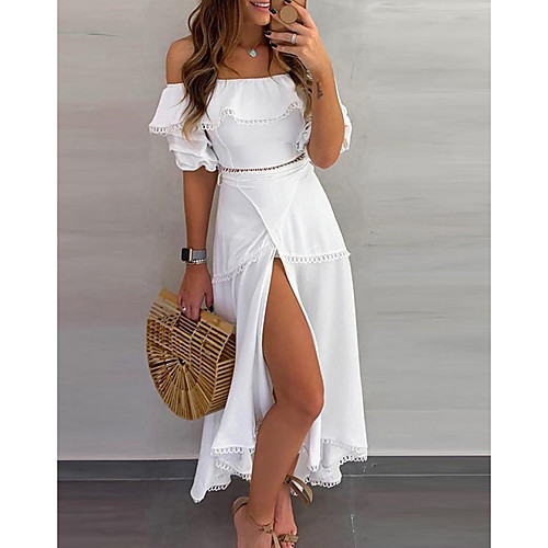 

Women's Asymmetrical A Line Dress - Half Sleeve Solid Color Off Shoulder White S M L XL